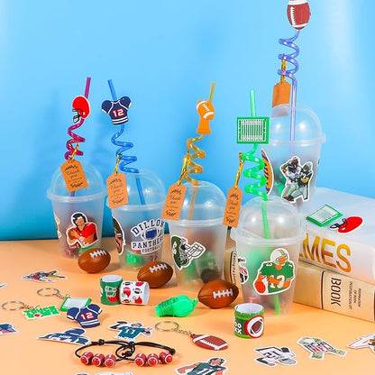 LiYiQ 158 Pcs Football Party Favors Football Party Supplies with Cup Straw Stress Ball Keychain Sticker Slaps Bracelets Whistle Thank You Tags for Football Birthday Decorations