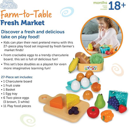 Learning Resources New Sprouts Farm-to-Table Fresh Market, 27 Pieces, Ages 18 Months+, Play Food for Kids Kicthens, Grocery Store Pretend Play, Play Kitchen Accessories