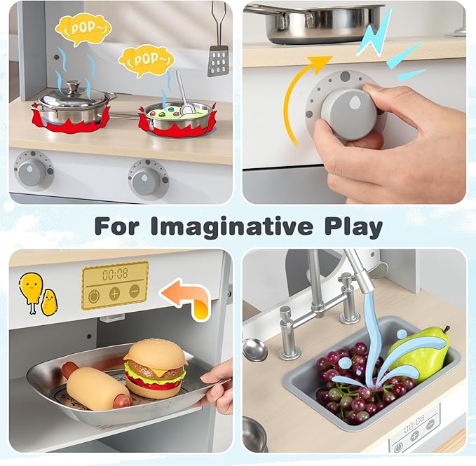 HONEY JOY Kids Kitchen Playset, Double Side Little Chef Play Kitchen for Toddler & Restaurant, Cookware, Microwave, Sink, Storage Cabinet, Wooden Pretend Play Toy Kitchen Set, Gift for Boy Girl, Gray