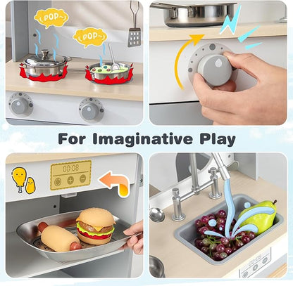 HONEY JOY Kids Kitchen Playset, Double Side Little Chef Play Kitchen for Toddler & Restaurant, Cookware, Microwave, Sink, Storage Cabinet, Wooden Pretend Play Toy Kitchen Set, Gift for Boy Girl, Gray