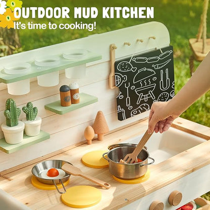 Giant bean Mud Kitchen for Kids Outdoor, Deluxe Wooden Toy Play Kitchen Set, with Sand and Water Sink, Blackboard and Kitchen Accessories for Boys and Girls Ages 3-8 Indoor & Outdoor Activities