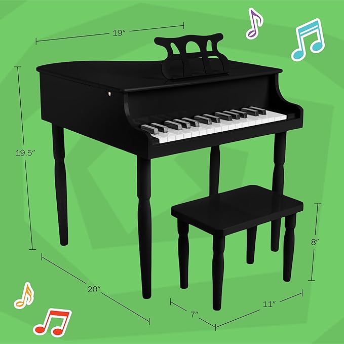 Kids Piano - 30 Key Mini Grand Piano with Music Stand, Bench, and Note Stickers - for Beginners - Instruments for Kids by Hey Play (Black)
