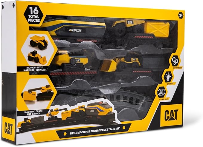 CAT Construction Toys, Little Machines Power Tracks Battery Operated Train Set, Engine with Working Headlight, 3 Rail Cars, Working Crane, 2 Magnetic Cargo Containers, and 2 CAT Trucks for Kids