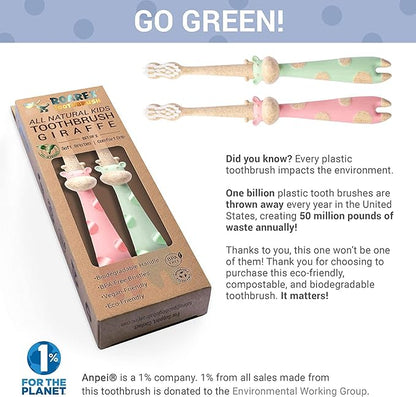 ROARex® All-Natural Eco Friendly Kids Toothbrush Made from Plants - Giraffe 4-36m - Baby to Toddler - Mint/Rose - 4pk | 1% for The Planet Product