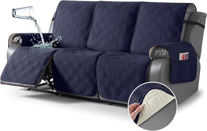 TAOCOCO 100% Waterproof Recliner Sofa Covers 3 Seater, Split Couch Covers for Reclining Couches for Kids Pets, Non Slip Reclining Couch Covers Furniture Protector with Straps(3 Seater, Navy Blue)
