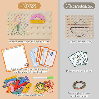 Wooden Geoboards, Wooden Letter Number Construction Puzzle Board, Montessori Toys for Kids with 20 Pattern Cards, 50 Rubber Bands to Figures and Shapes, Brain Teaser STEM Toy（9.5*6 *0.6in）