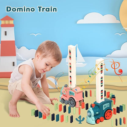 Domino Train Toy Set for Kids, 100 Pcs Automatic Dominoes Blocks Building and Stacking Toys Creative Kids Games Early Education Christmas Birthday Gift Boys Girls Age 3 4 5 6 Year Old (Cyan)