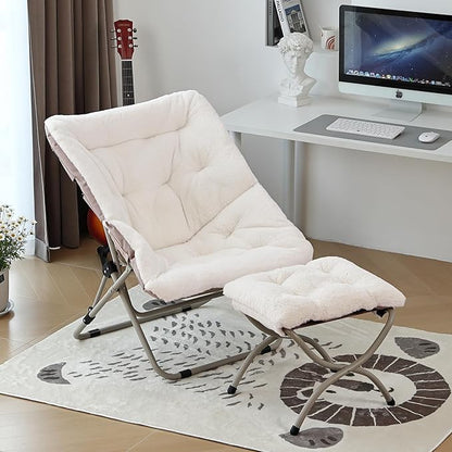 Comfy Saucer Chair with Ottoman, Oversized Folding Faux Fur Chair Soft Furry Lounge Lazy Chair with Metal Frame Moon Chair Accent Chair for Bedroom, Living Room, Dorm Rooms