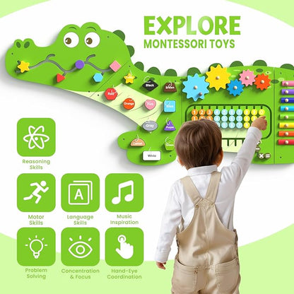 Big Crocodile Montessori Busy Board, Sensory Board, Activity Wall Busy Board Panels, Wall Furniture,Interactive Wooden Learning Toys for Boys and Girls, Perfect for Toddler Playroom