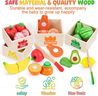 Fruit Sets - Kids Learning Toys for Toddlers 1-3, Play Kitchen Accessories Pretend Play Toys, Play Food Sets for Kids Kitchen, Wooden Fruit Preschool Toys for Girl Boy Christmas Birthday Gifts
