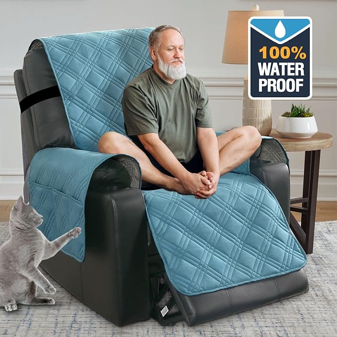 H.VERSAILTEX 100% Waterproof Recliner Chair Cover Non-Slip Sofa Slipcover with Elastic Straps for Pets, Dogs Furniture Protector for Electric Power Lift Recliner Washable with Pocket,Smoke Blue/Beige