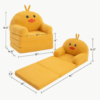MOONBEEKI Comfy Toddler Chair, Kids Couch Fold Out to Lounger, Foldable Baby Sofa Plush for Girl and Boy Age 18 Months and Up （Duck）