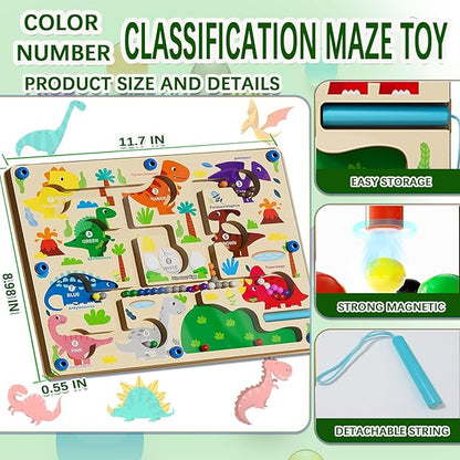JRD&BS WINL Magnetic Color and Number Maze - Montessori Toys for 3-6Year Old Boys Girls, Wooden Magnet Puzzle Game Board for Toddlers (Dinosaur)
