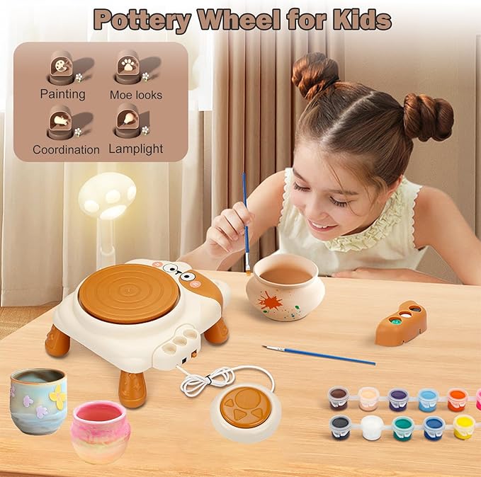 Pottery Wheel for Kids-Clay Sculpting Tools & Painting Kit,DIY Kits Clay Maker for Beginners with 3 Packs Modeling Clays,Birthday Gift for Kids Toys for Girls, Art&Crafts Kits for Kids Ages 8-12