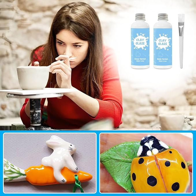 2 x 100ml Air Dry Clay Glaze, Clay Glaze Air Dry for Airdry Clay, Air Dry Clay Varnish Can Not Only Used to Prevent Clay Cracking, Scratches, and Wear,It Can Also Having a Glaze Effect (Gloss+Matte)