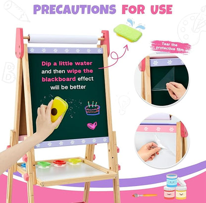 Kids Easel Including 100+ Accessories, Dual-Sided Wooden Easel for Kids Girls Age 3-12 with Magnetic Chalk & Painting Board, Free Height Adjustable Art Easel Supplies for Toddlers (Pink)