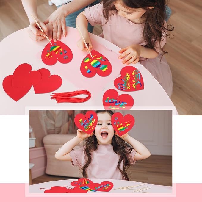 Liliful 60 Set Valentine's Day Craft for Kids Classroom Art Paper Scratch Off Valentine Cards Red Heart Shaped Magic Scratch Valentines Crafts for Kids Preschool