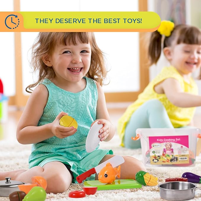 FUNERICA Play Food and Realistic Stainless-Steel Pots and Pans and Utensils - Cutting Fake Food and Pretend Toy Kitchen Accessories Cooking Toy Playset for Toddlers and Kids