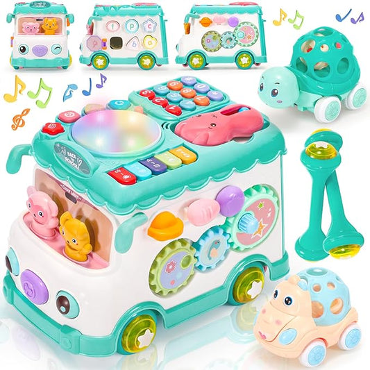 AmiDear Baby Gift for 1-2 Year Old Girl, 10-in-1 Montessori Toys Bus for Baby 6-12-18 Months+, First Christmas and Birthday Gifts, Blue Educational Musical Sensory Learning Toddler Toys Age 1-2