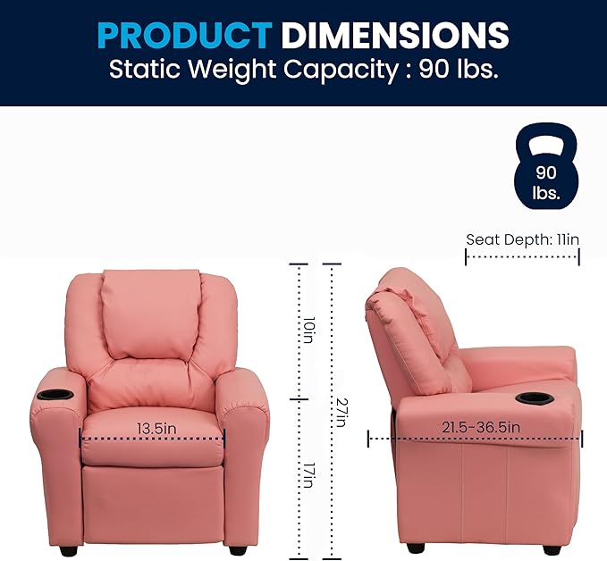 Flash Furniture Vana Vinyl Kids Recliner with Cup Holder, Headrest, and Safety Recline, Contemporary Reclining Chair for Kids, Supports up to 90 lbs., Pink