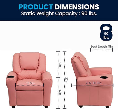 Flash Furniture Vana Vinyl Kids Recliner with Cup Holder, Headrest, and Safety Recline, Contemporary Reclining Chair for Kids, Supports up to 90 lbs., Pink