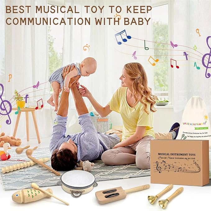 Toddler Musical Instruments - Natural Wooden Musical Toys Montessori Toys Percussion Instruments Set Preschool Educational Xylophone Kids Drum Set with Storage Bag for Boys and Girls