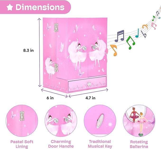 Jewelkeeper Large Jewelry Organizer Box - Musical Spinning Figure - Two-Door Accessories Organizer with 4 Drawers, 2 Hooks - Wood Storage for Rings, Necklaces, Earrings - Pink - 8.3"x6"x4.7"