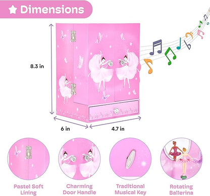 Jewelkeeper Large Jewelry Organizer Box - Musical Spinning Figure - Two-Door Accessories Organizer with 4 Drawers, 2 Hooks - Wood Storage for Rings, Necklaces, Earrings - Pink - 8.3"x6"x4.7"