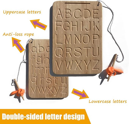 Montessori Alphabet Tracing Board, Oak Made Come with 26 Pcs Cards & Pen Grip Toddlers Double-Side Learning Toys ABC 3+ Kids Preschool Practice Materials Letters Writing Homeschool