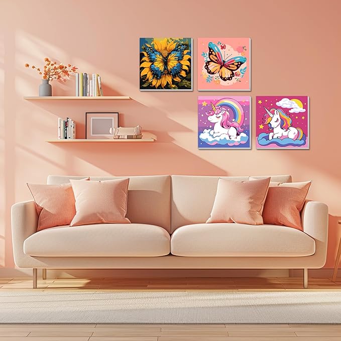 2 Pack Paint by Numbers Kit for Kids - Age 4-8, Framed Canvas, Cartoon Drawing, Color by Number, 8x8 Inch