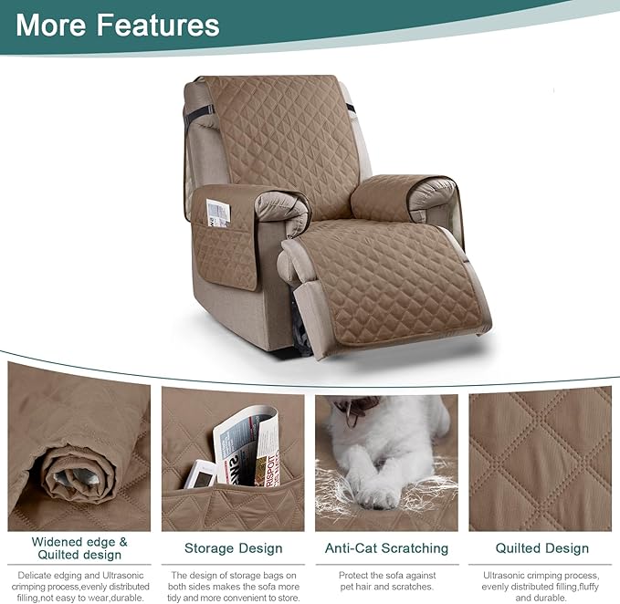 Ruaozz 100% Waterproof Recliner Chair Cover Non-Slip Reclining Cover for Recliner Chair Washable Chair Seat Cover with Elastic Straps for Kids, Dogs, Pets (Light Brown, 23'')
