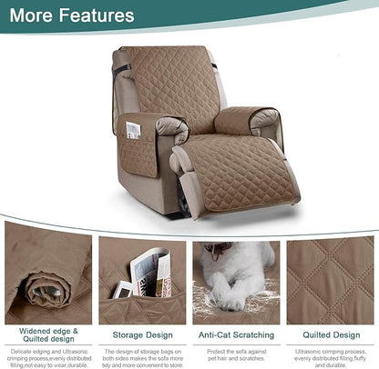 Ruaozz 100% Waterproof Recliner Chair Cover Non-Slip Reclining Cover for Recliner Chair Washable Chair Seat Cover with Elastic Straps for Kids, Dogs, Pets (Light Brown, 23'')