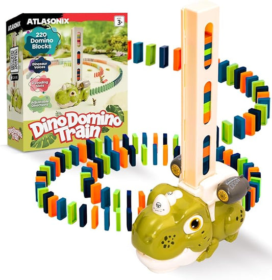 Atlasonix Dino Domino Train - 220 Dinosaur Dominoes Set for Boys & Girls - Birthday Gift Ages 3-10 - Montessori Jurassic T-Rex Toy with Automatic Rally Setter - Block Laying Machine