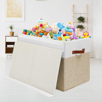Gowee Large Toy Storage Box with Lid, Sturdy Toys Storage Chest Bin Organizer Basket with Dividers for Kids, Boys, Girls, Nursery, Closet, Bedroom, Playroom 25"x13" x16" (Beige and White)