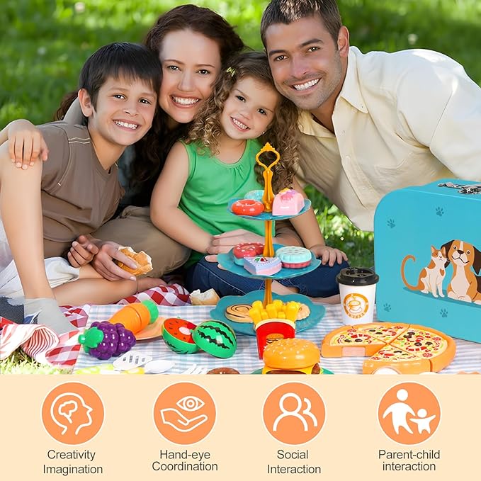 Kids Picnic Basket, Toy Food for Toddlers 1-3, Play Food Sets for Kids Kitchen Role Playset with Carry Case Fake Food Fruit Play Kitchen Accessories, Birthday for Toddler Girls Boys