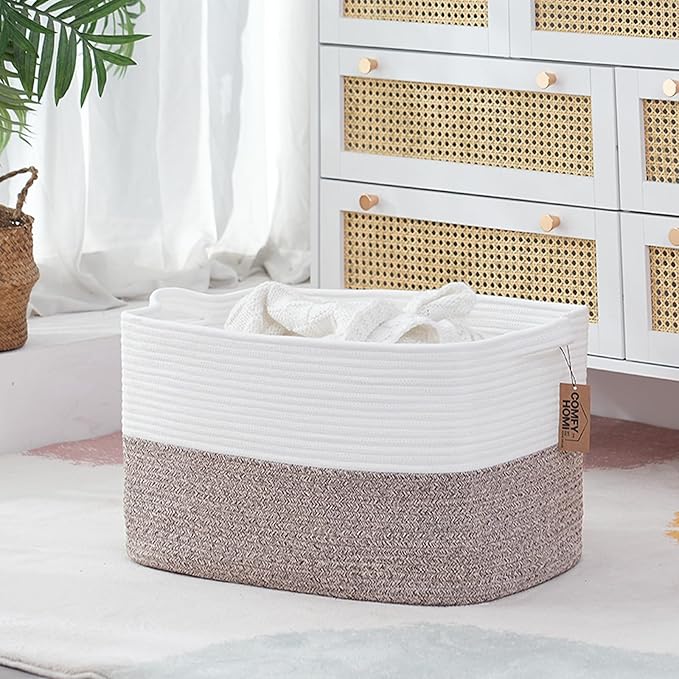 COMFY-HOMI Large Laundry for Organizing|Rectangle Cotton Rope Storage with Handles|Blanket for Living Room|Woven Laundry for Towels, Toys, Clothes-22x15x12”-White/Brown