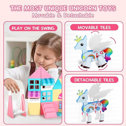 Unicorn Magnetic Tiles, Unicorn Toys for Girls Age 4-6, Princess Castle Magnet Toy for Kids Ages 4-8, Movable Magnetic Tiles 3D Educational Sensory Toys, Xmas Birthday Gifts for Boys and Girls