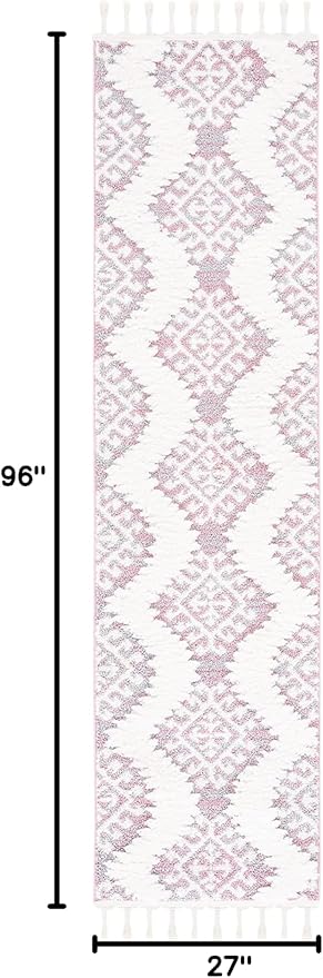 Safavieh Moroccan Tassel Shag Collection Runner Rug - 2'3" x 8', Pink & Ivory, Rustic Trellis, Non-Shedding & Easy Care, 2-inch Thick Ideal for High Traffic Areas in Living Room, Bedroom (MTS652U)