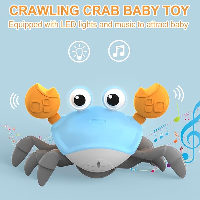 Plnmlls Crawling Crab Baby Toy - Tummy Time Toys-with Music and LED Light,Walking Crab Toy for 0-6 6-12 12-18 36 Months Walking Toddler Birthday Gift(Azure）