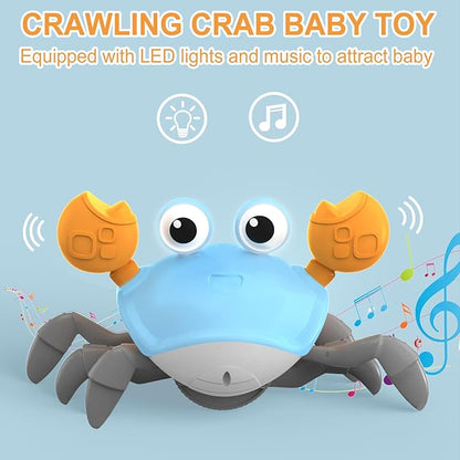 Plnmlls Crawling Crab Baby Toy - Tummy Time Toys-with Music and LED Light,Walking Crab Toy for 0-6 6-12 12-18 36 Months Walking Toddler Birthday Gift(Azure）