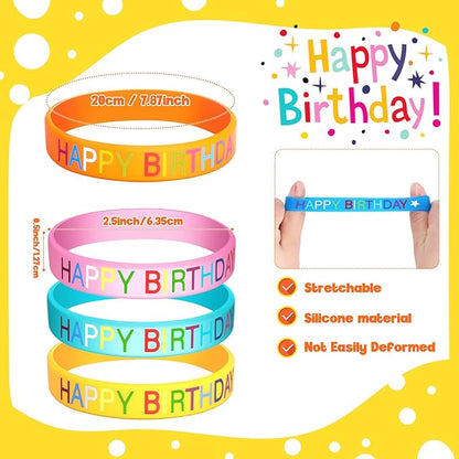 24 Pieces Happy Birthday Rubber Bracelets, Colored Silicone Stretch Wristbands Classroom Birthday Bracelets Party Favors Goodie Bag Stuffers for Teenagers Classroom Birthday Party Supplies
