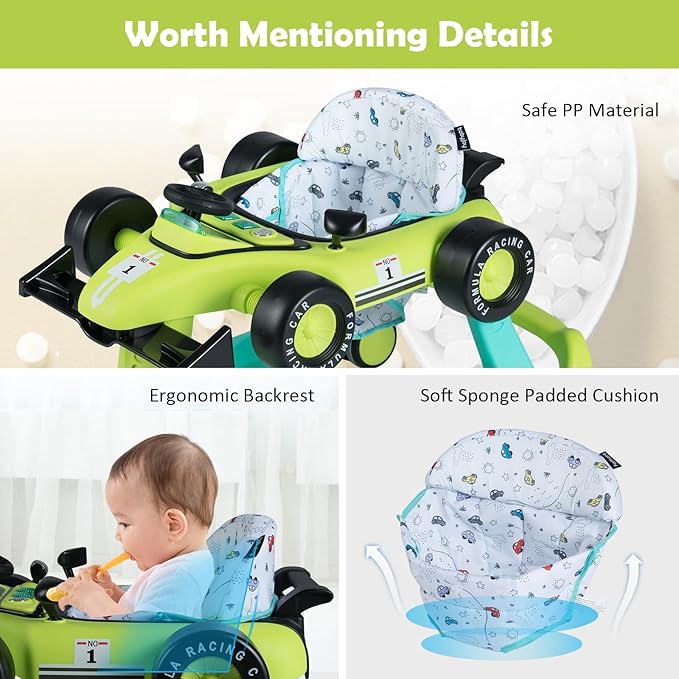 HONEY JOY 4-in-1 Baby Walker, Activity Push Walker w/3 Adjustable Heights, Smooth Wheels w/Adjustable Speed, Padded Seat, Music & Light, Foldable Car Walker for Baby Boys Girls Age 6 Months+ (Green)