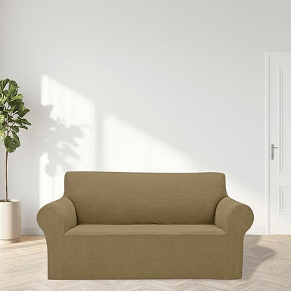 2025 New Stretch Loveseat Sofa Slipcovers Couch Cover for 2 Cushion Furniture Protector Sofa Covers with Elastic Bottom Jacquard Fabric Small Checks for Pets, Kids - Tan