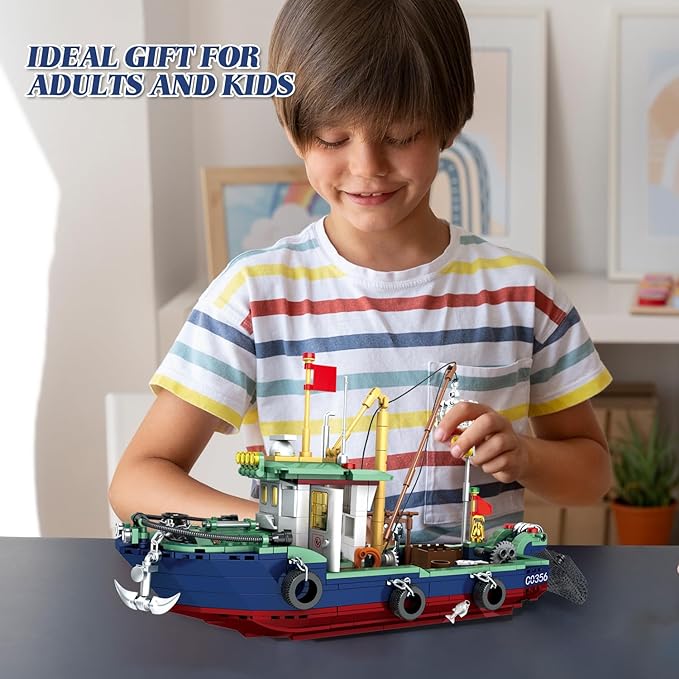 Fishing Boat Building Blocks Sets, Compatible with Lego Boat Sea Fishing Building Blocks Toy Set Collection Decoration, Gifts for Boys and Girl Ages 6-12 Years Old and up, 582 Pcs