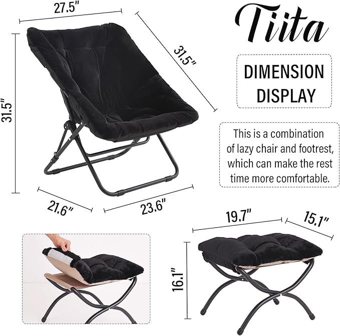 Tiita Saucer Chair with Ottoman, Soft Faux Fur Oversized Folding Accent Chair,Lounge Lazy Chair, Metal Frame Moon Chair for Bedroom, Living Room, Dorm Rooms, Garden and Courtyard