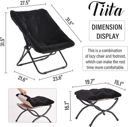 Tiita Saucer Chair with Ottoman, Soft Faux Fur Oversized Folding Accent Chair,Lounge Lazy Chair, Metal Frame Moon Chair for Bedroom, Living Room, Dorm Rooms, Garden and Courtyard