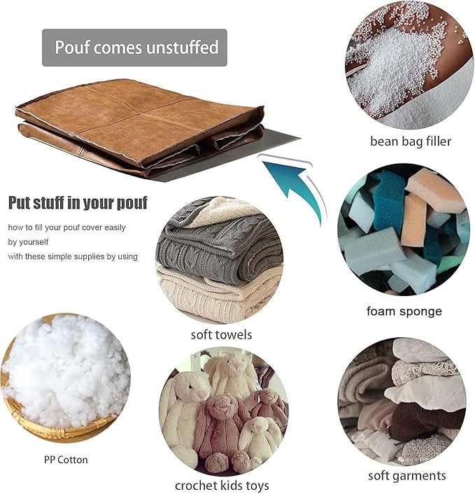 Louis Donné 18 inch Unstuffed Pouf Ottoman Faux Leather Pouffe Floor Chair Waterproof Foot Rest for Living Rooms Bedrooms & Kids Room or House Warming & Wedding Gifts (Brown Coffee, Square)Only Cover