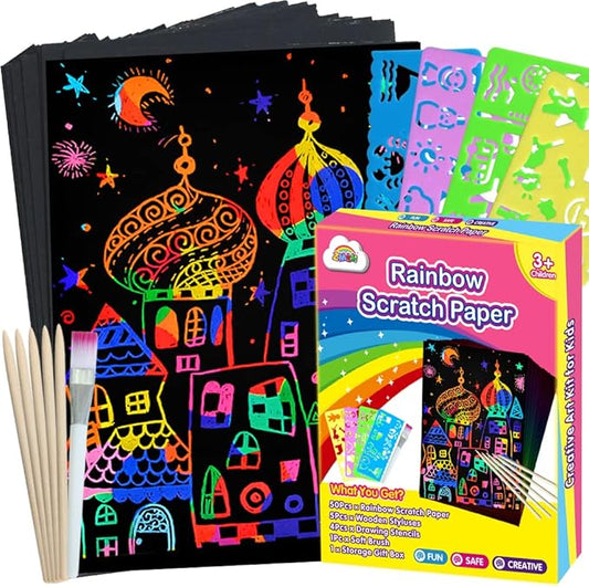 ZMLM Arts Crafts Gifts for Kids: 60PCS Rainbow Scratch Paper Art for Girls and Boys Ages 4-8 8-12 Craft Supplies Kit, Easter Basket Stuffers for Kid Toys Games Activities Valentines Day Gift (Pink)
