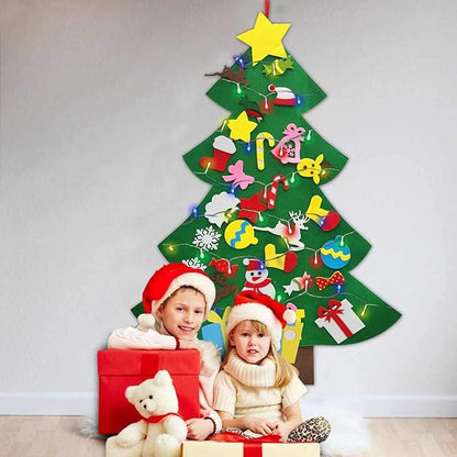 iGeeKid 4 Ft Led Felt Christmas Tree for Toddler Kids DIY Felt Christmas Craft Kits with 30 Ornaments 10ft Multi-Colored String Light Christmas Wall Hanging Decor Xmas Kids Gifts Party Supplies