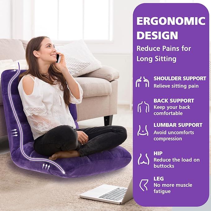 Folding Floor Chair 14-Position Cushioned Adjustable Floor Lazy Sofa Chair w/Breathable Cotton & Skin-Friendly Flannel for Adults & Kids Ideal for Reading Meditating, Purple